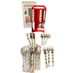 Oneida Colormates Holiday Christmas Tree 24 Piece Set Stainless Silverware Caddy